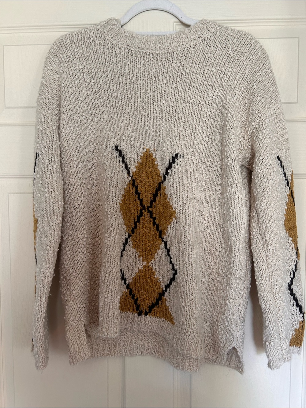 Francesca's Cream Crewneck Sweater with Gold Argyle